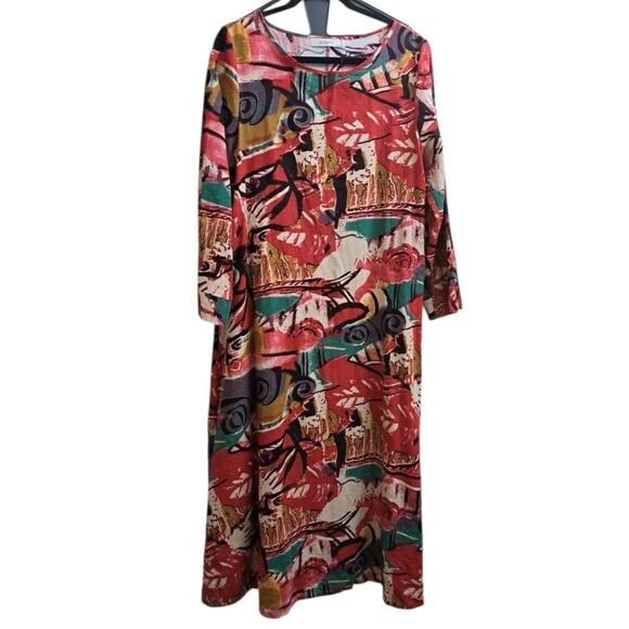 AUDATE Dresses & Skirts - AUDATE Muumuu Maxi Dress Womens XL Kaftan Linen Cotton Artsy Abstract Geo Print